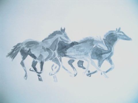 3 Horses galloping art ink wash (ink is washed on no true lines .